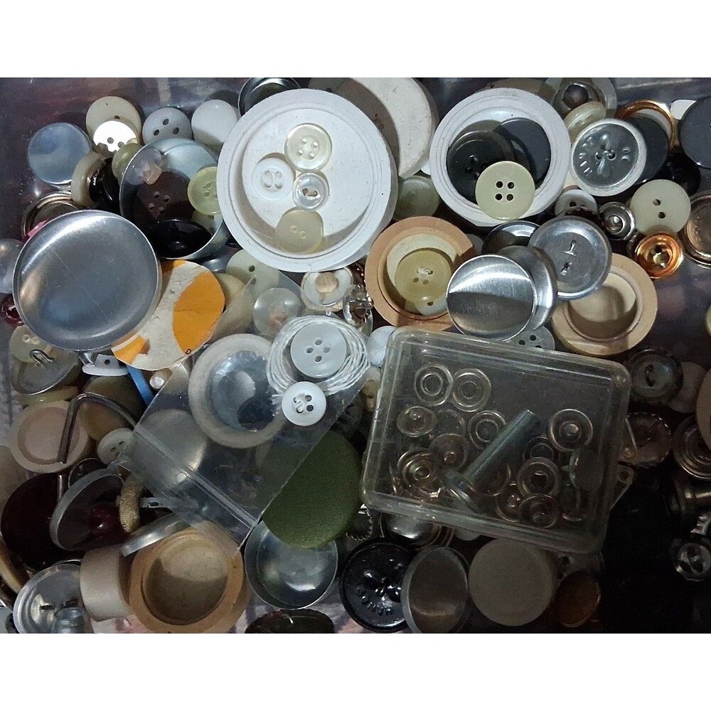 Assorted buttons, sewing notions, and craft supplies lot